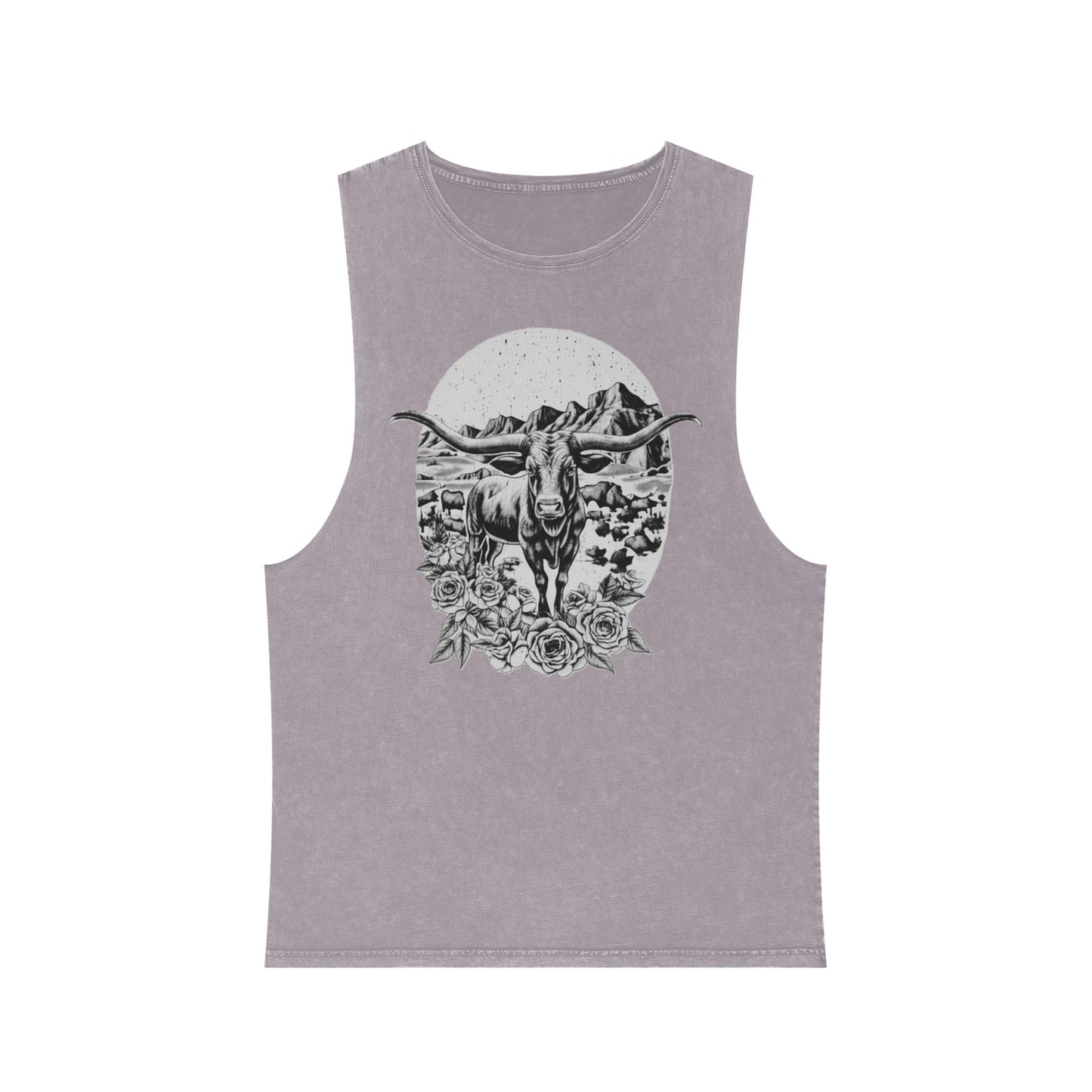 Orchid Stone distressed wash tank top with a longhorn, desert mountains, and roses graphic #orchidstone