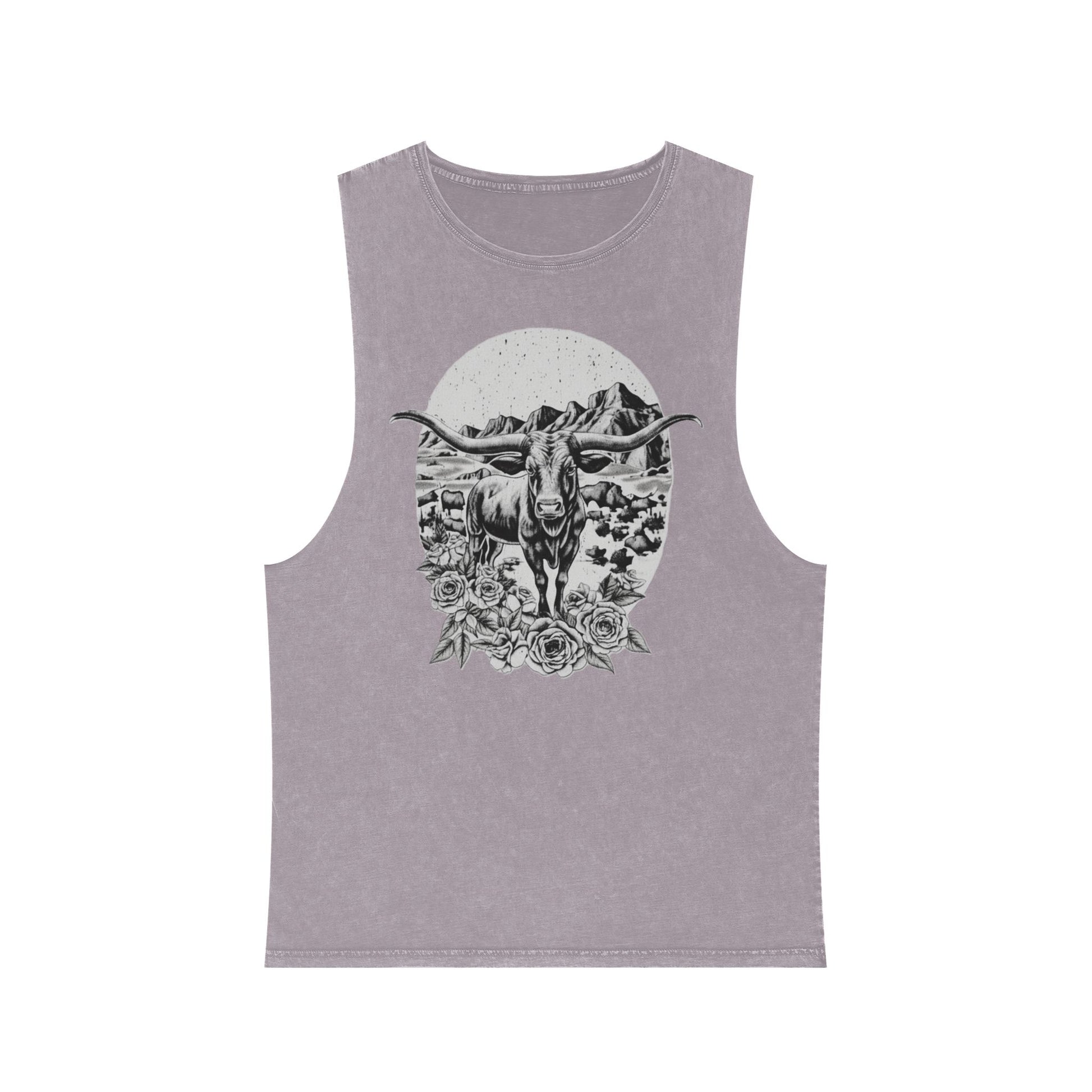 Orchid Stone distressed wash tank top with a longhorn, desert mountains, and roses graphic #orchidstone