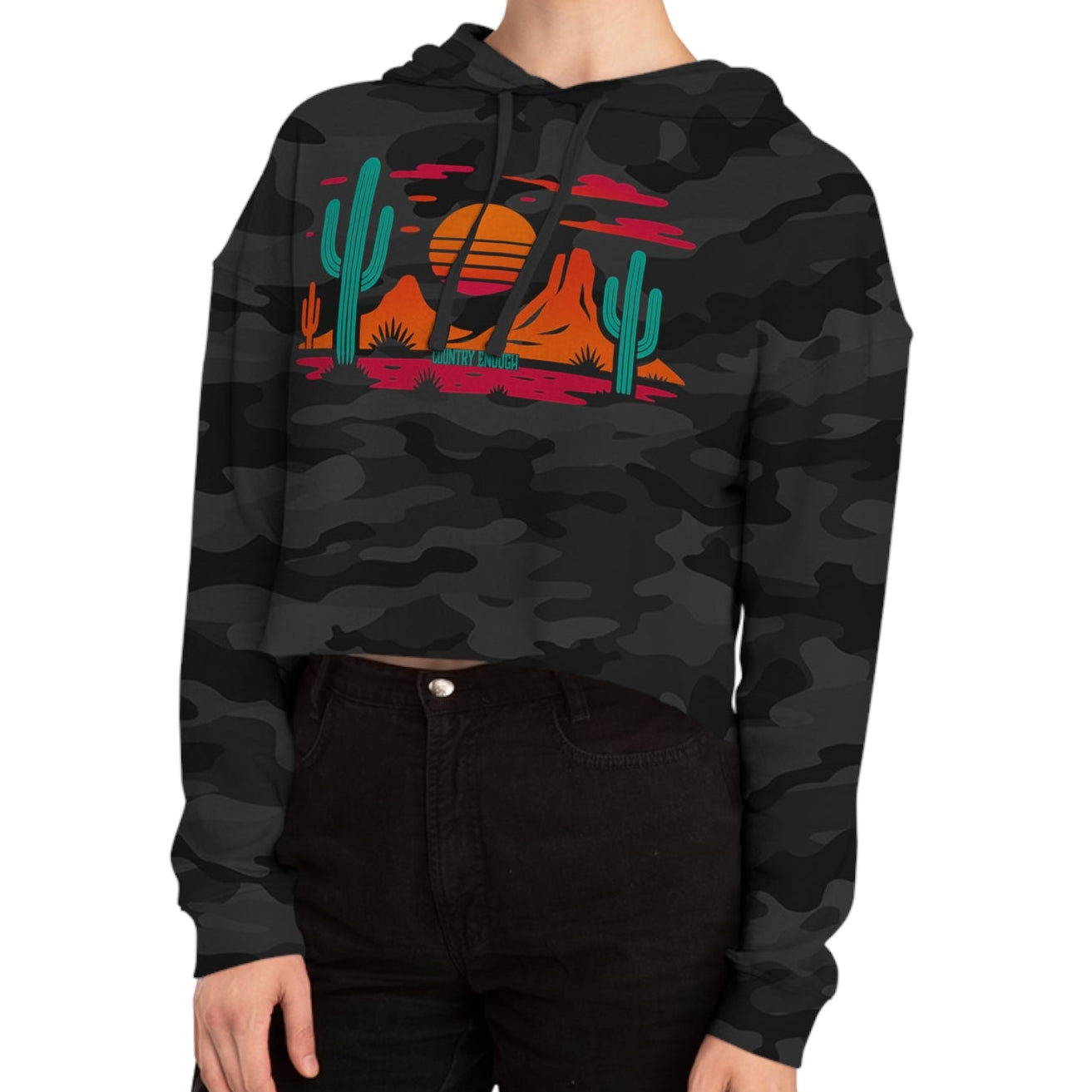 Black camo hoodie with a vibrant Southwestern landscape, cacti & mountains graphic #blackcamo