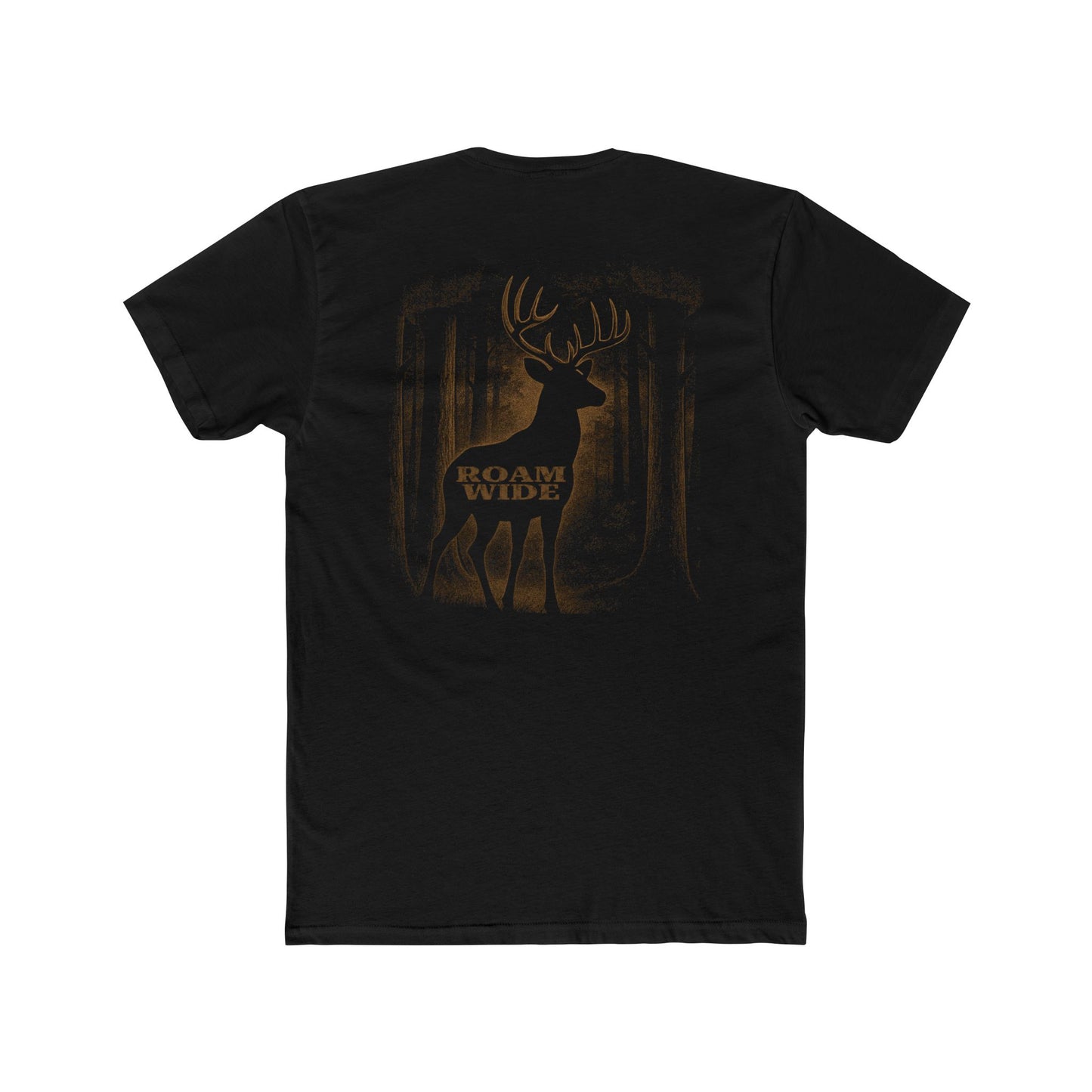 Black t-shirt with graphic design of a buck in the woods and words roam wide #black