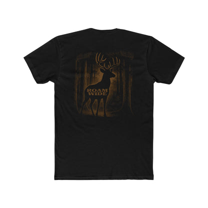 Black t-shirt with graphic design of a buck in the woods and words roam wide #black