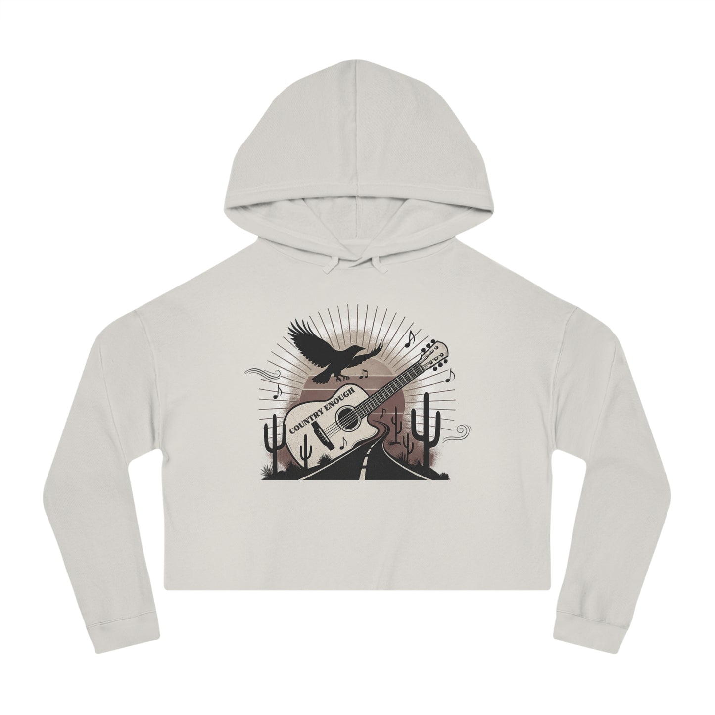 Bone crop hoodie with a graphic of a guitar, a soaring desert bird, cactus silhouettes, and a sunset over a winding road #bone