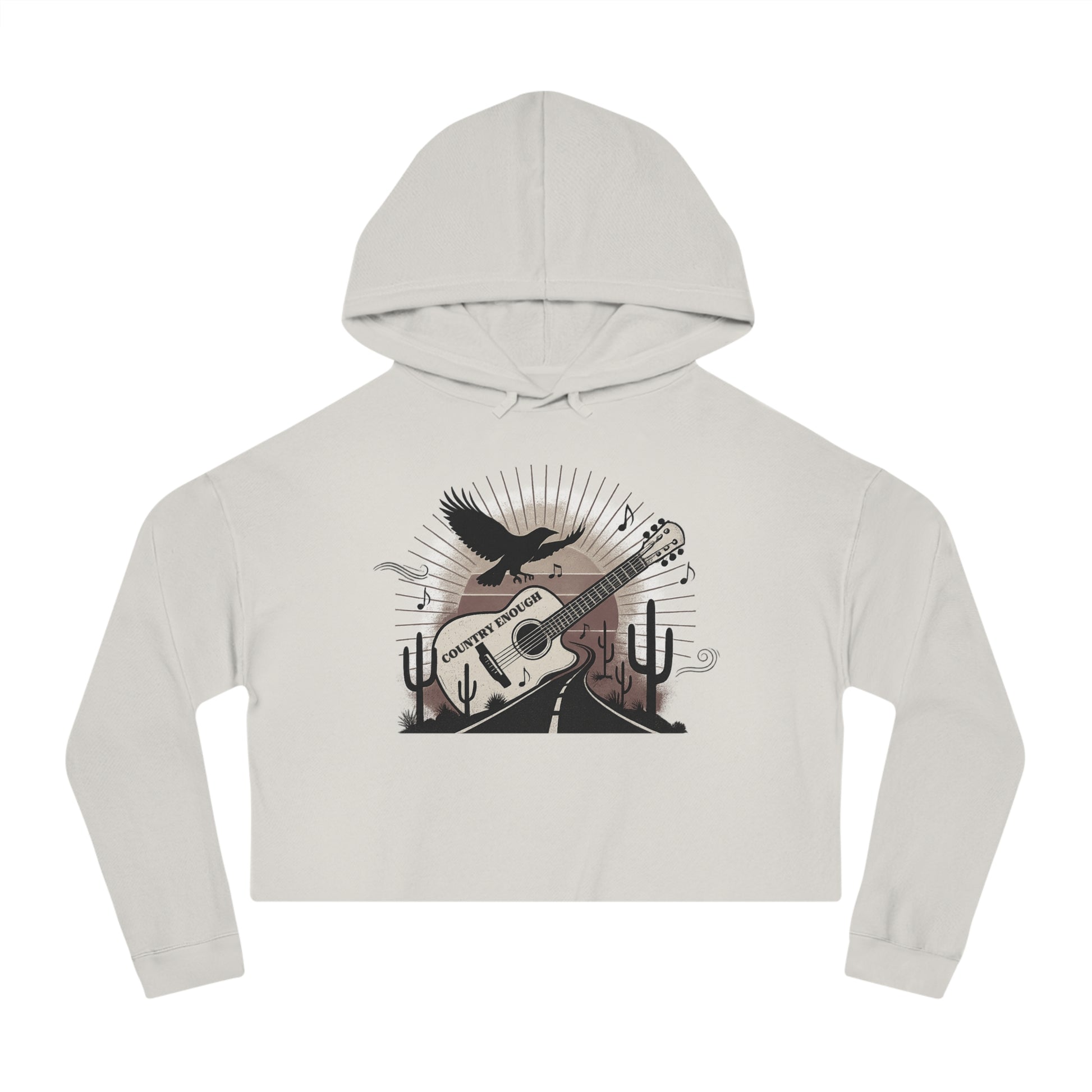 Bone crop hoodie with a graphic of a guitar, a soaring desert bird, cactus silhouettes, and a sunset over a winding road #bone