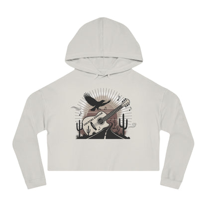 Bone crop hoodie with a graphic of a guitar, a soaring desert bird, cactus silhouettes, and a sunset over a winding road #bone