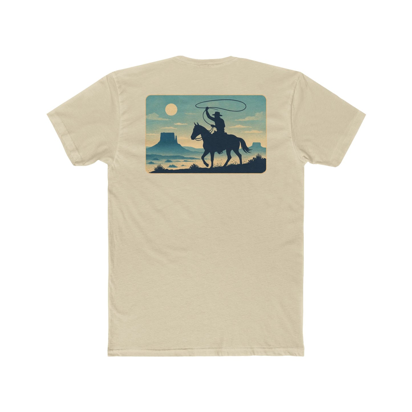 Cream t-shirt featuring horse rider, western landscape, and sun #cream