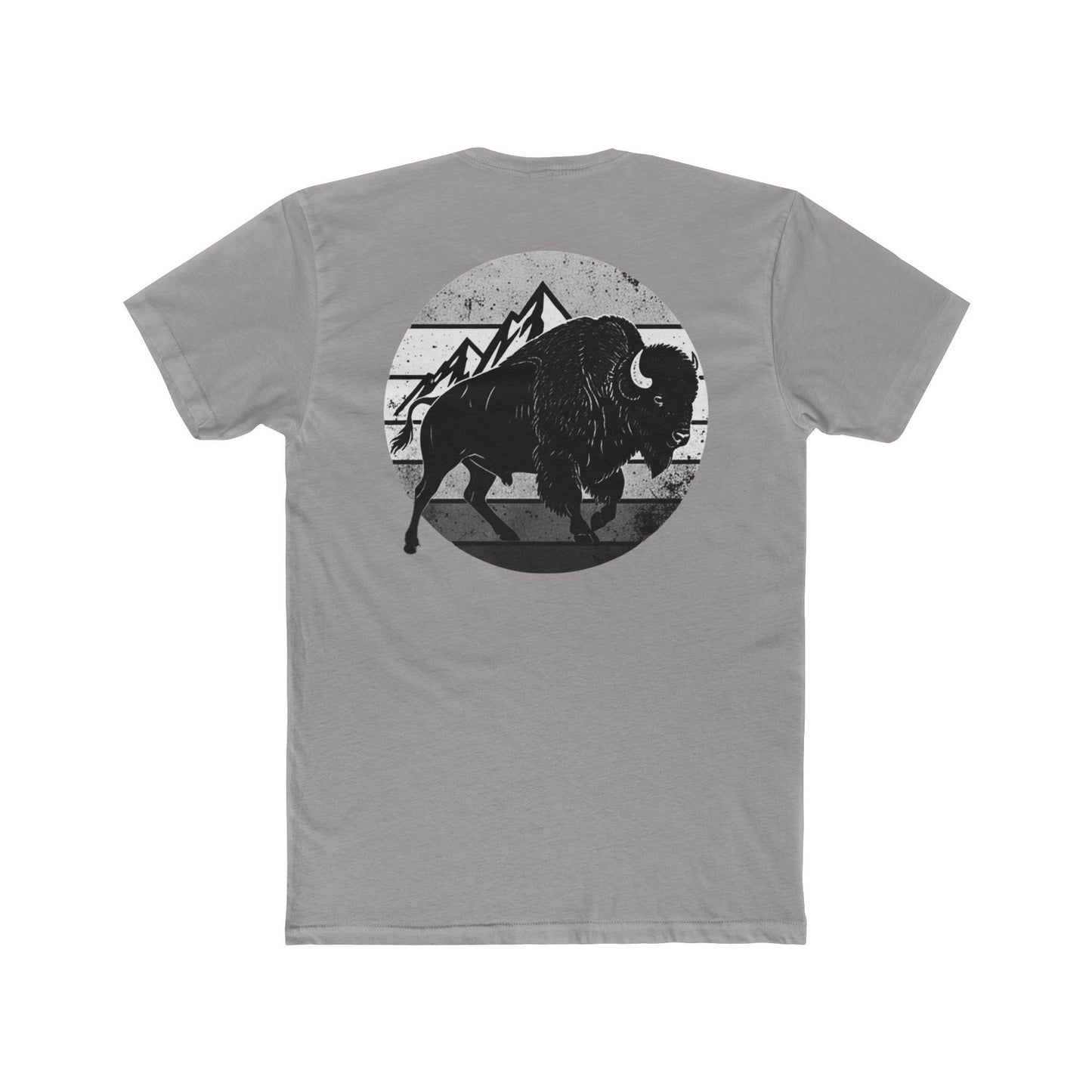 Gray t-shirt with a black and gray graphic of a bison and mountains #gray