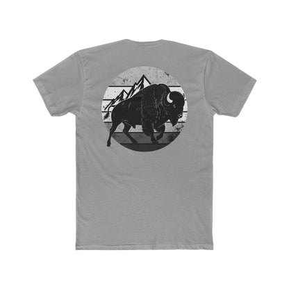 Gray t-shirt with a black and gray graphic of a bison and mountains #gray