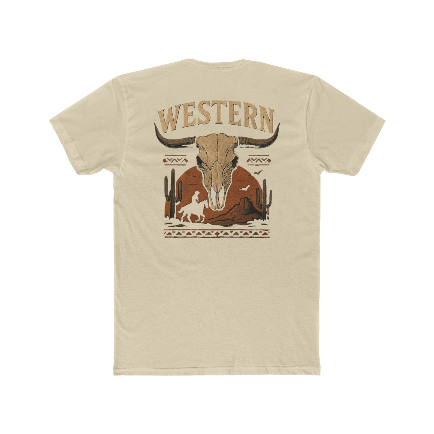 Cream t-shirt with longhorn skull, aztec print, desert landscape, cacti, and cowboy silhouette with word Western across the top #cream