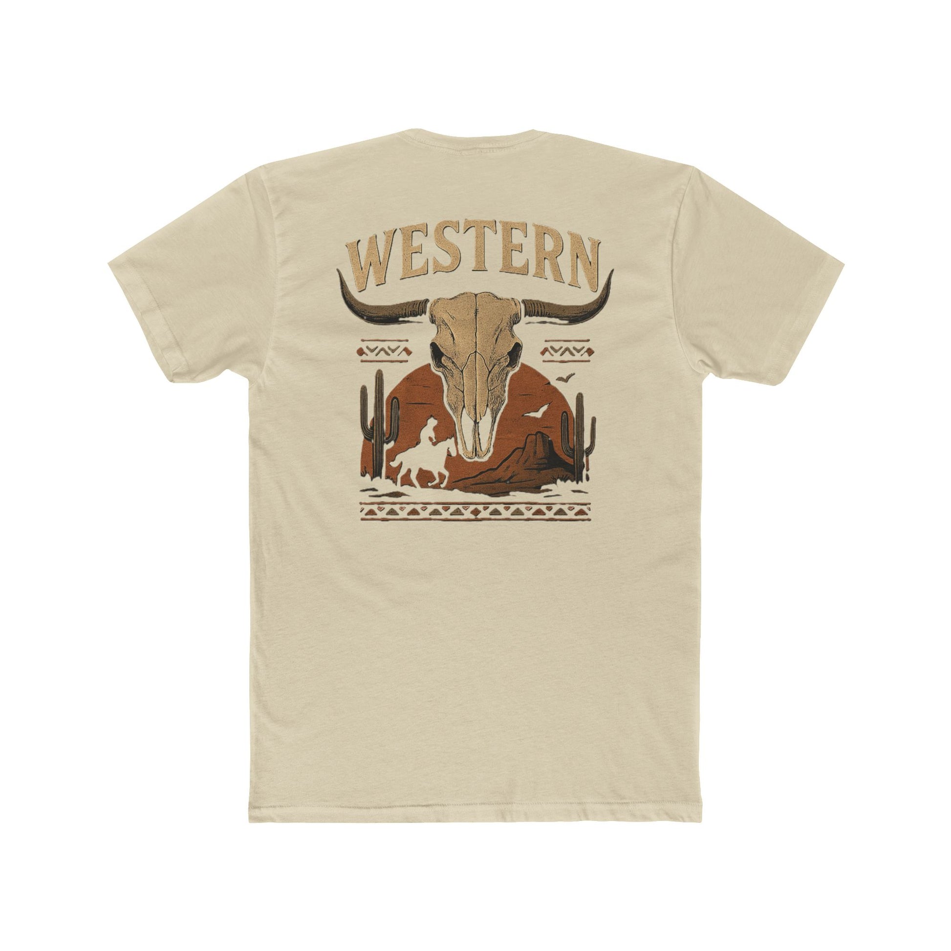 Cream t-shirt with longhorn skull, aztec print, desert landscape, cacti, and cowboy silhouette with word Western across the top #cream
