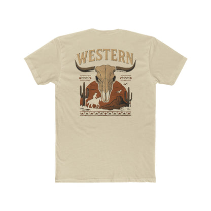Cream t-shirt with longhorn skull, aztec print, desert landscape, cacti, and cowboy silhouette with word Western across the top #cream