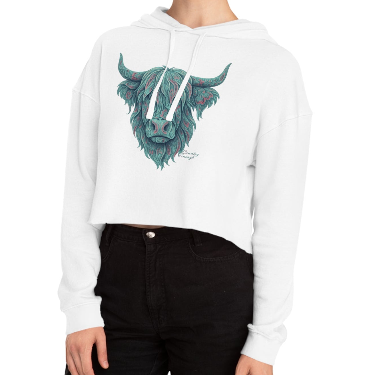White crop hoodie with a vibrant Paisley Highland Cow graphic #white