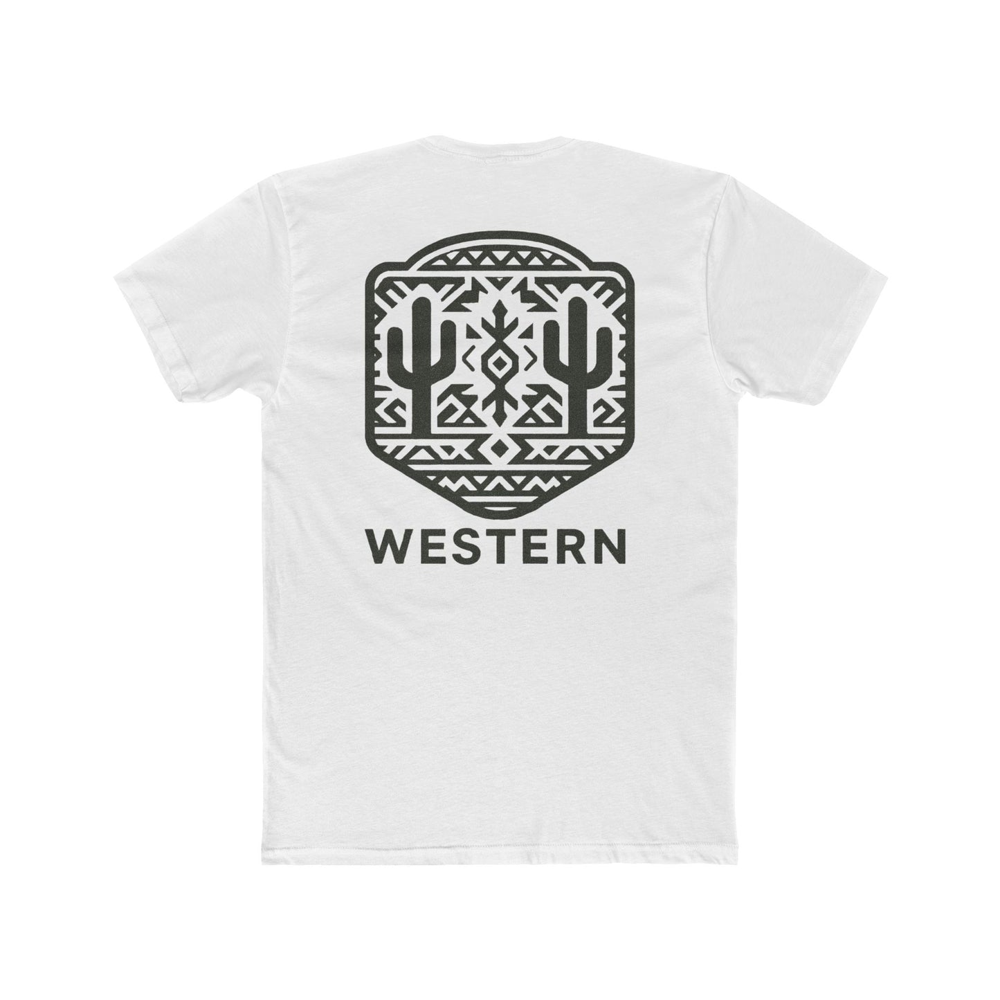White t-shirt with graphic of mirrored cacti surrounded by aztec pattern and enclosed in a geometric border with word western below #white