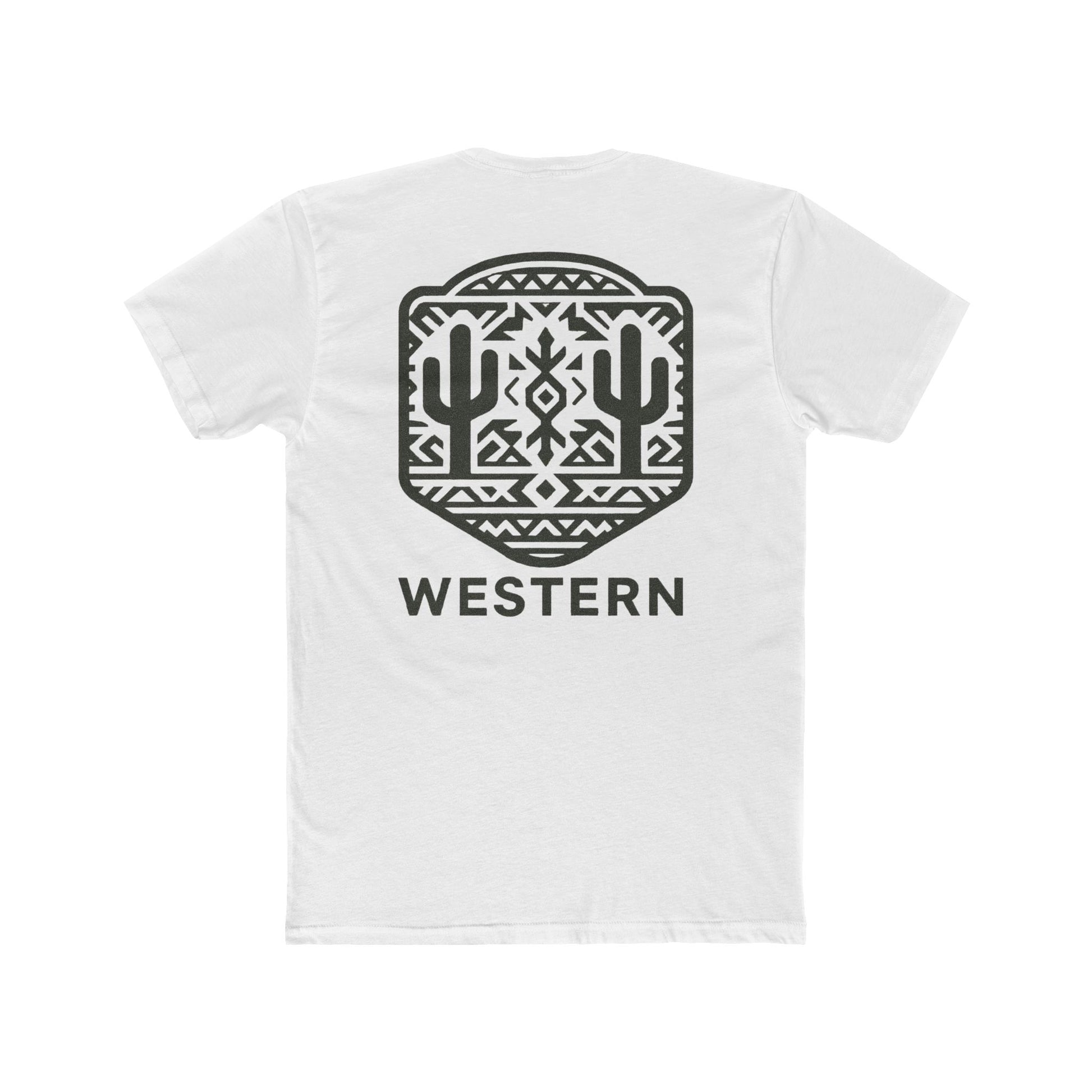 White t-shirt with graphic of mirrored cacti surrounded by aztec pattern and enclosed in a geometric border with word western below #white
