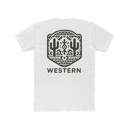 White t-shirt with graphic of mirrored cacti surrounded by aztec pattern and enclosed in a geometric border with word western below #white