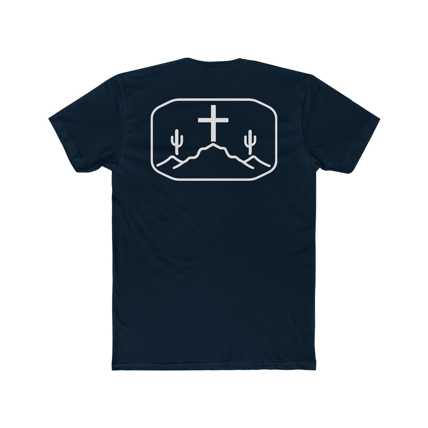 Midnight Navy t-shirt with cross, cacti, and mountains graphic #midnightnavy