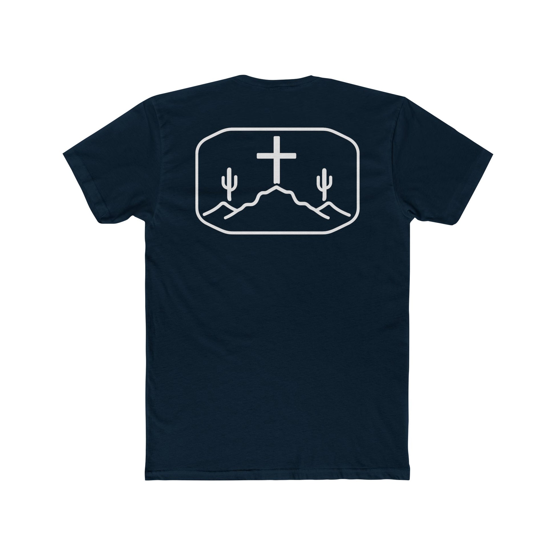 Midnight Navy t-shirt with cross, cacti, and mountains graphic #midnightnavy
