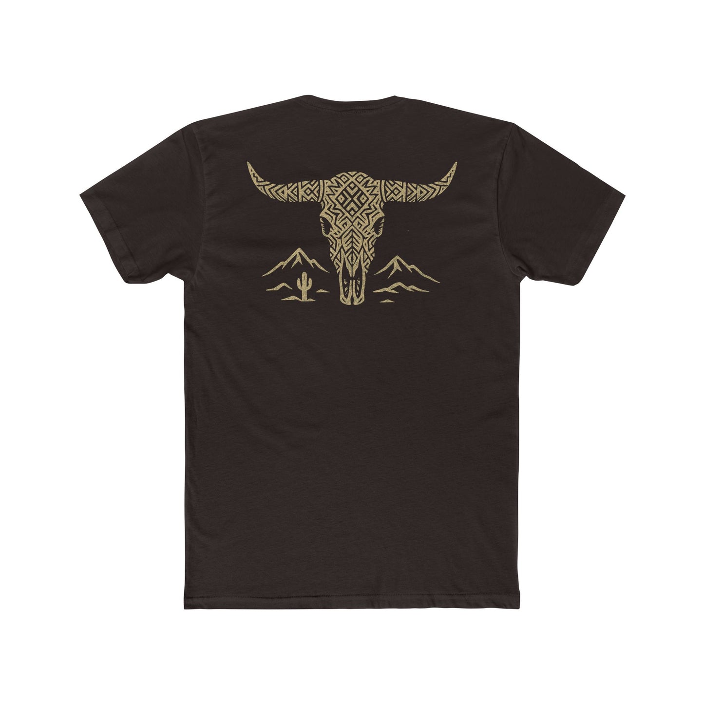 Dark Brown t-shirt with graphic of a aztec pattern in the shape of a bull skull, mountains, and a lone cactus #darkbrown