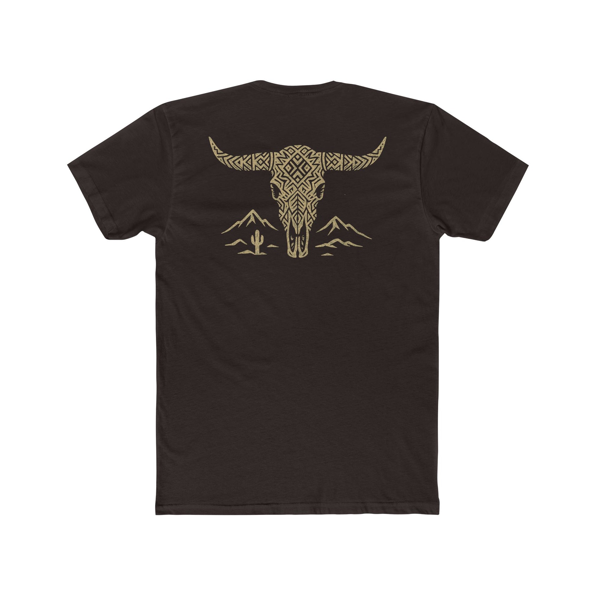 Dark Brown t-shirt with graphic of a aztec pattern in the shape of a bull skull, mountains, and a lone cactus #darkbrown