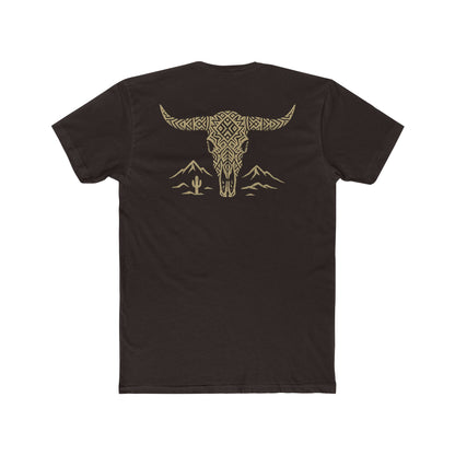 Dark Brown t-shirt with graphic of a aztec pattern in the shape of a bull skull, mountains, and a lone cactus #darkbrown