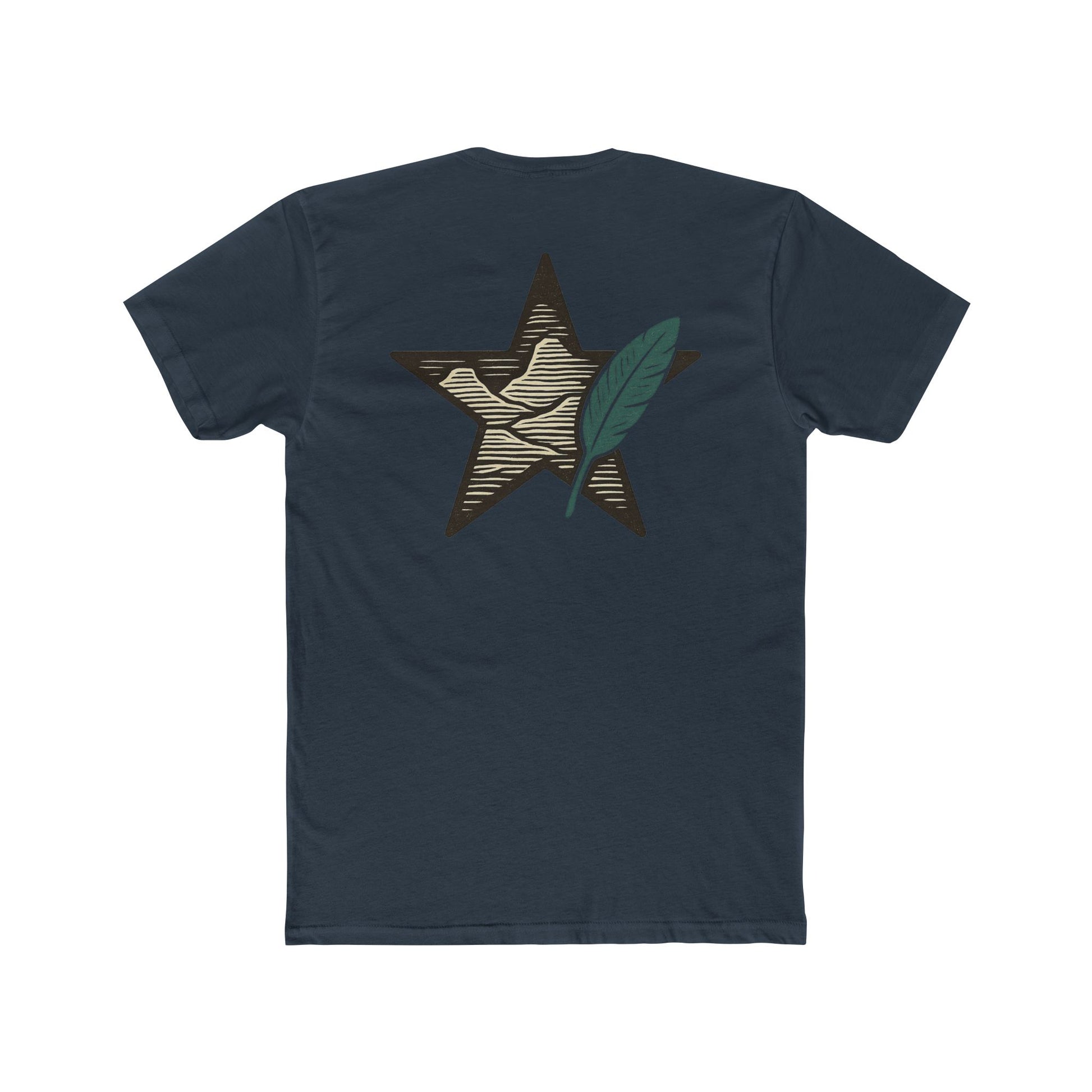 Indigo t-shirt with graphic of a big star, mountain design inside the star, and large feather overlapping #indigo