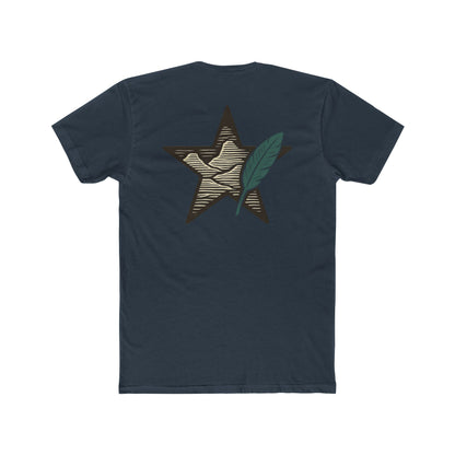 Indigo t-shirt with graphic of a big star, mountain design inside the star, and large feather overlapping #indigo