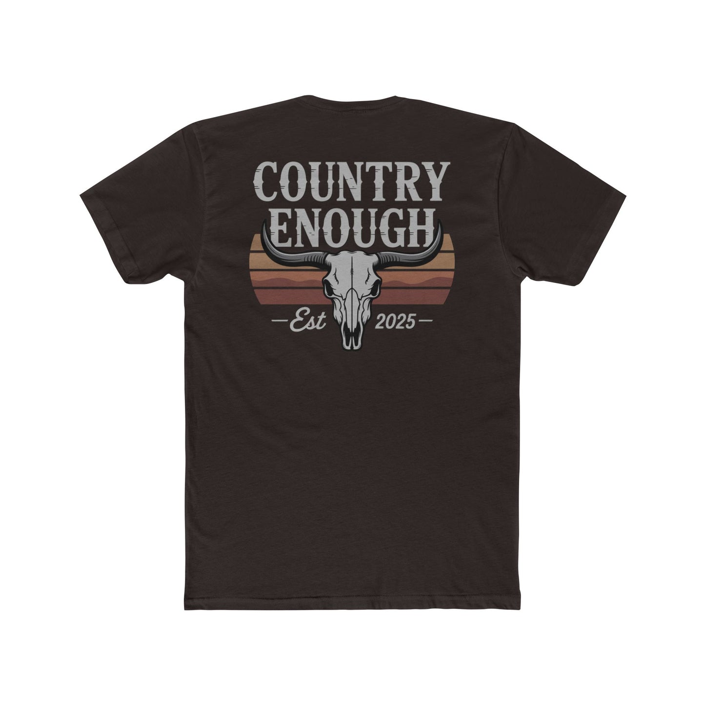 Dark Brown t-shirt with vintage retro graphic of a bull skull and words country enough EST 2025 #darkbrown