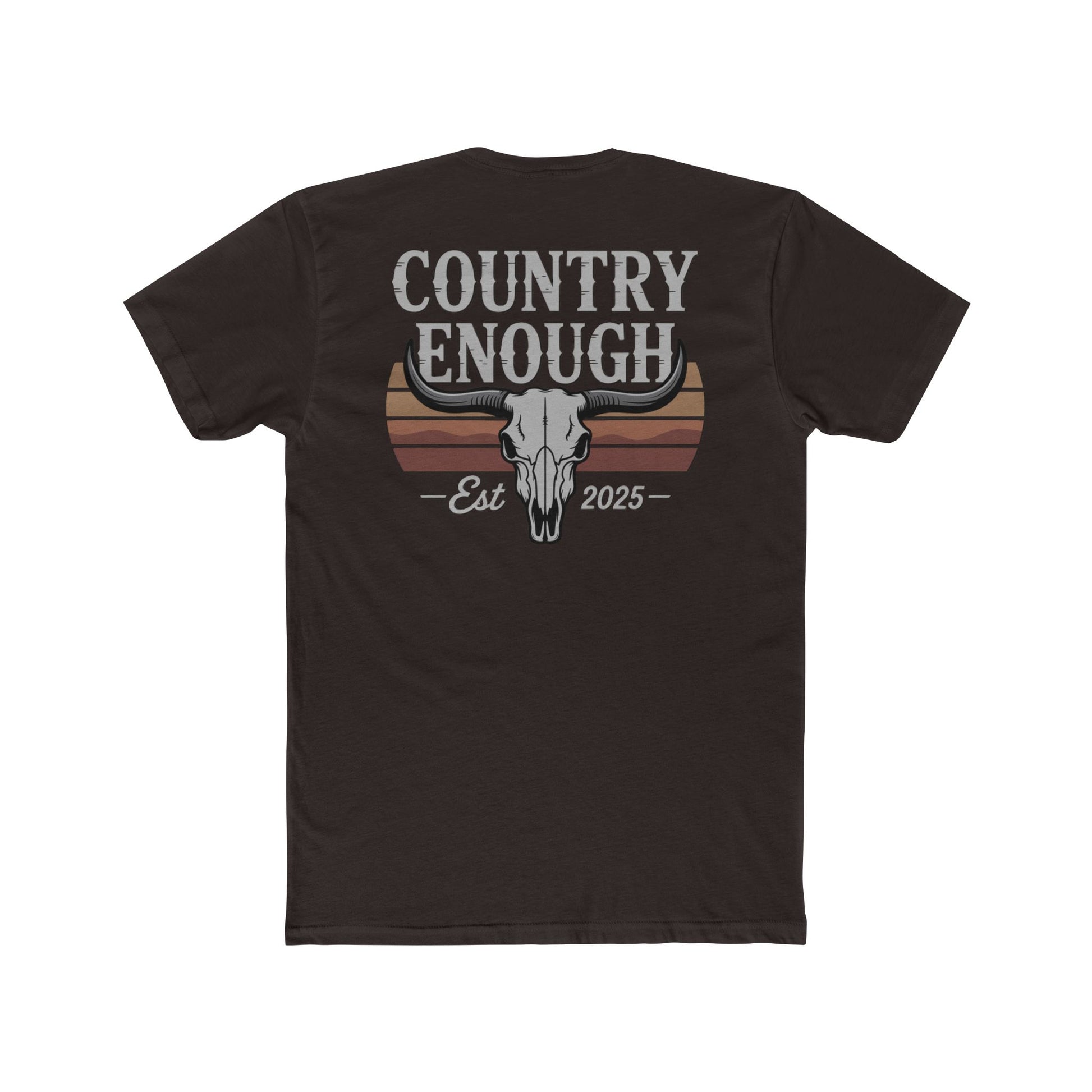 Dark Brown t-shirt with vintage retro graphic of a bull skull and words country enough EST 2025 #darkbrown