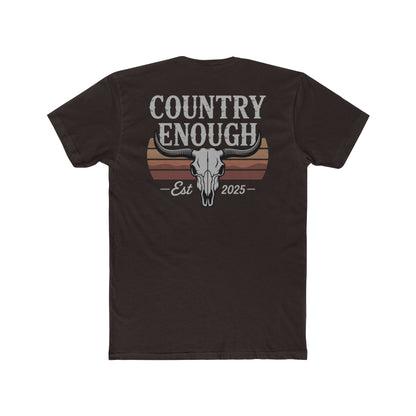 Dark Brown t-shirt with vintage retro graphic of a bull skull and words country enough EST 2025 #darkbrown