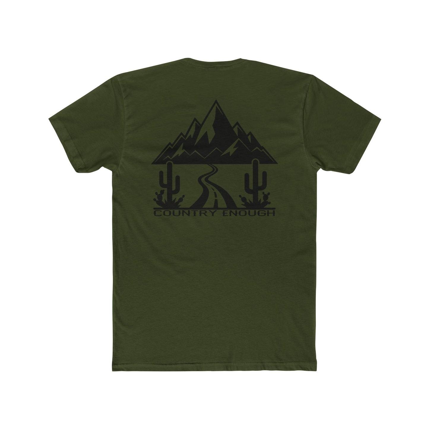 Military Green t-shirt with mountain peaks, an open road, and desert cacti graphic #militarygreen