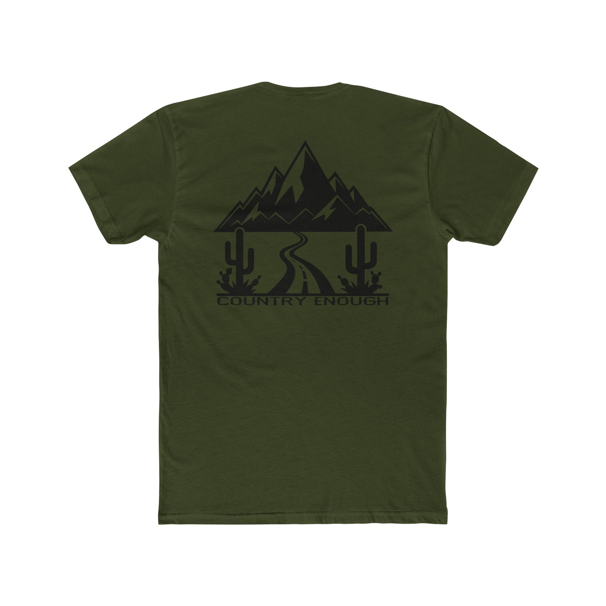 Military Green t-shirt with mountain peaks, an open road, and desert cacti graphic #militarygreen