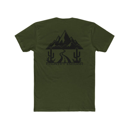 Military Green t-shirt with mountain peaks, an open road, and desert cacti graphic #militarygreen