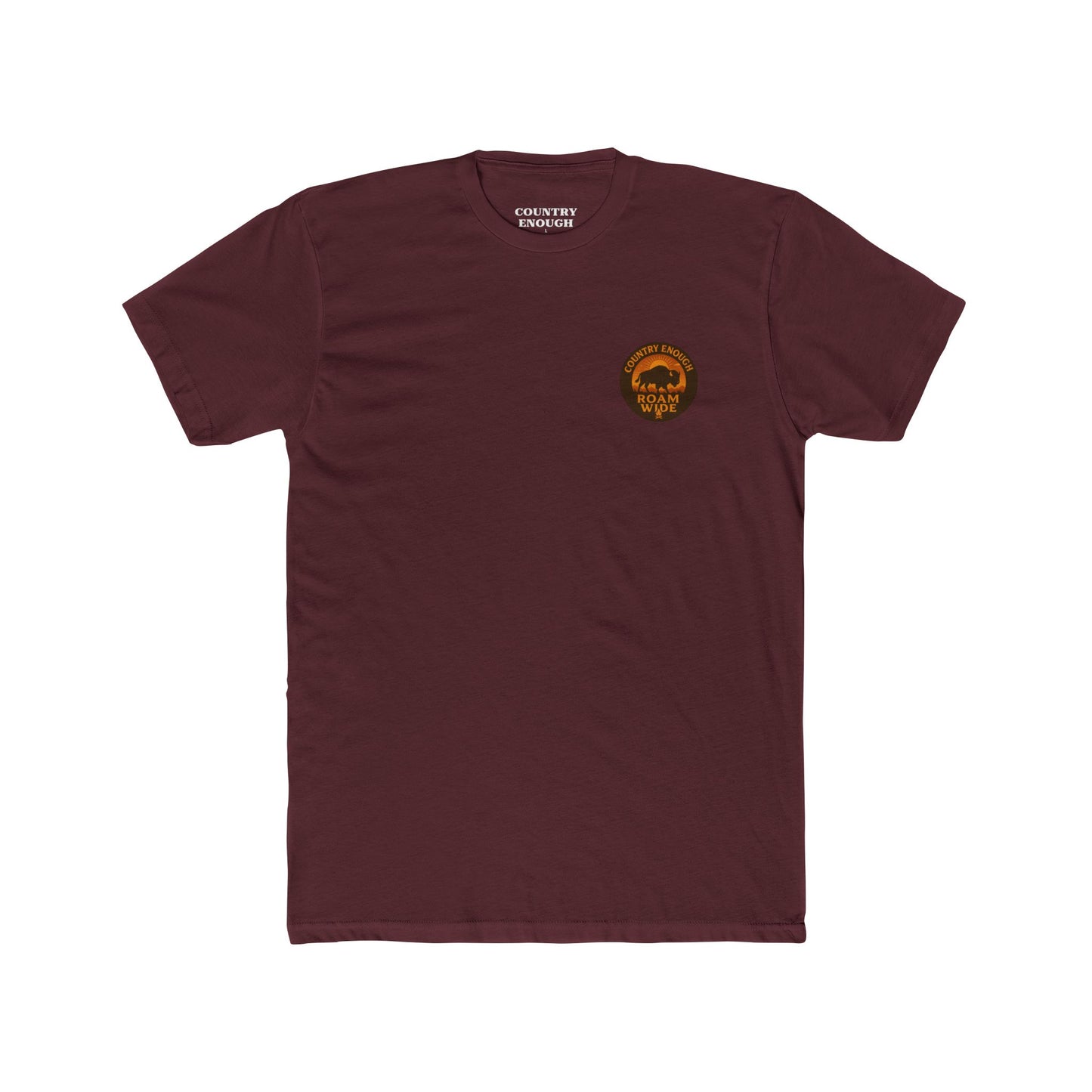 Maroon t-shirt with circular graphic with a bison, mountains, campfire, sun shining, and the words roam wide #maroon