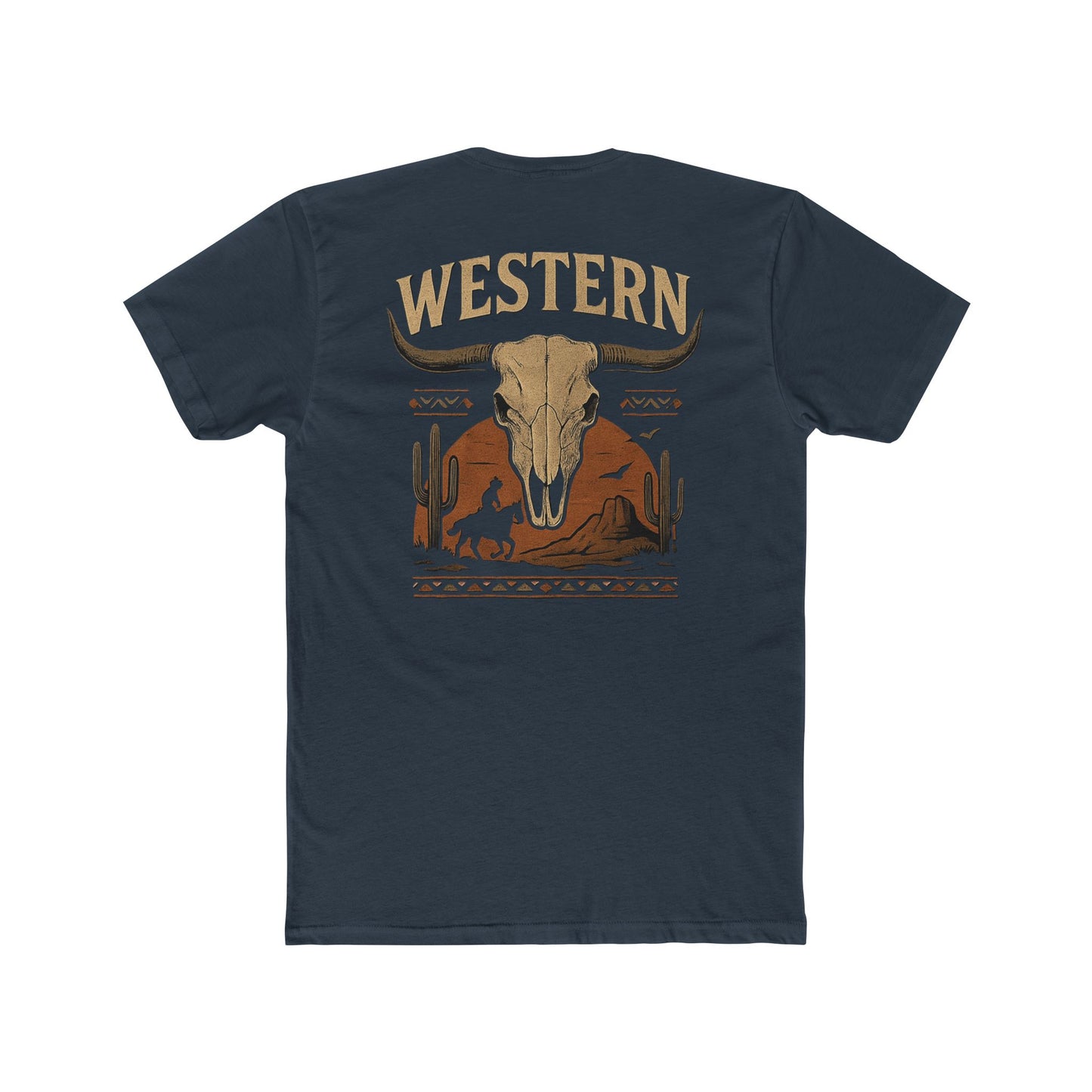 Indigo t-shirt with longhorn skull, aztec print, desert landscape, cacti, and cowboy silhouette with word Western across the top #indigo