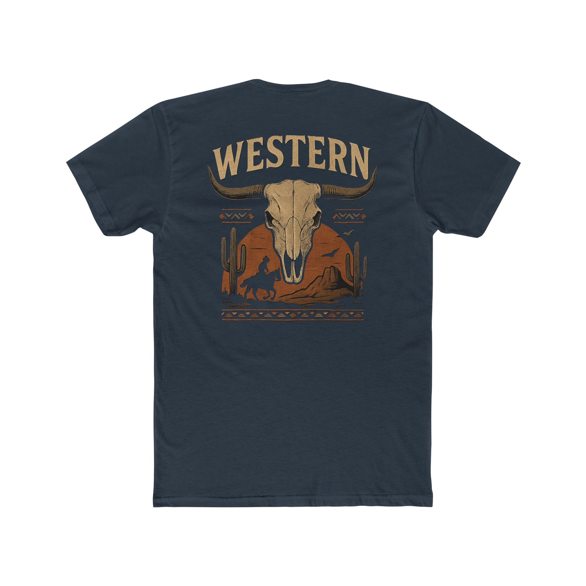 Indigo t-shirt with longhorn skull, aztec print, desert landscape, cacti, and cowboy silhouette with word Western across the top #indigo