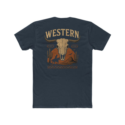Indigo t-shirt with longhorn skull, aztec print, desert landscape, cacti, and cowboy silhouette with word Western across the top #indigo