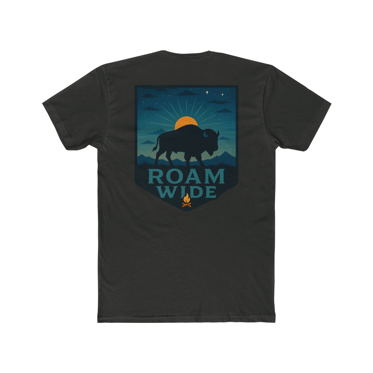 Vintage Black T-Shirt with graphic of bison, sun, mountains, and the words roam wide #vintageblack
