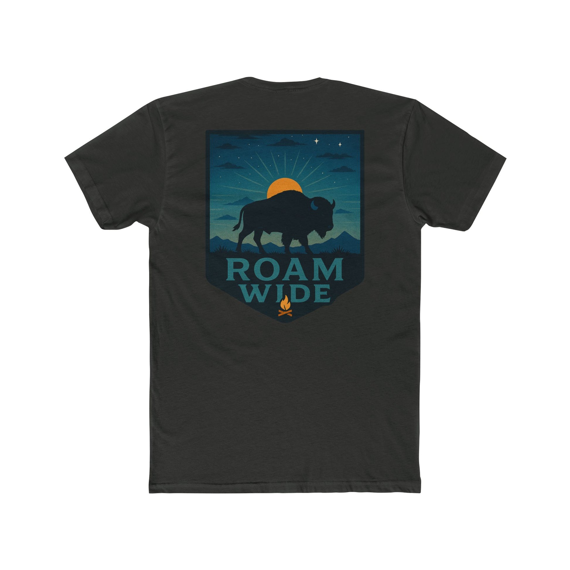 Vintage Black T-Shirt with graphic of bison, sun, mountains, and the words roam wide #vintageblack