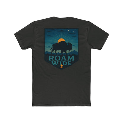 Vintage Black T-Shirt with graphic of bison, sun, mountains, and the words roam wide #vintageblack