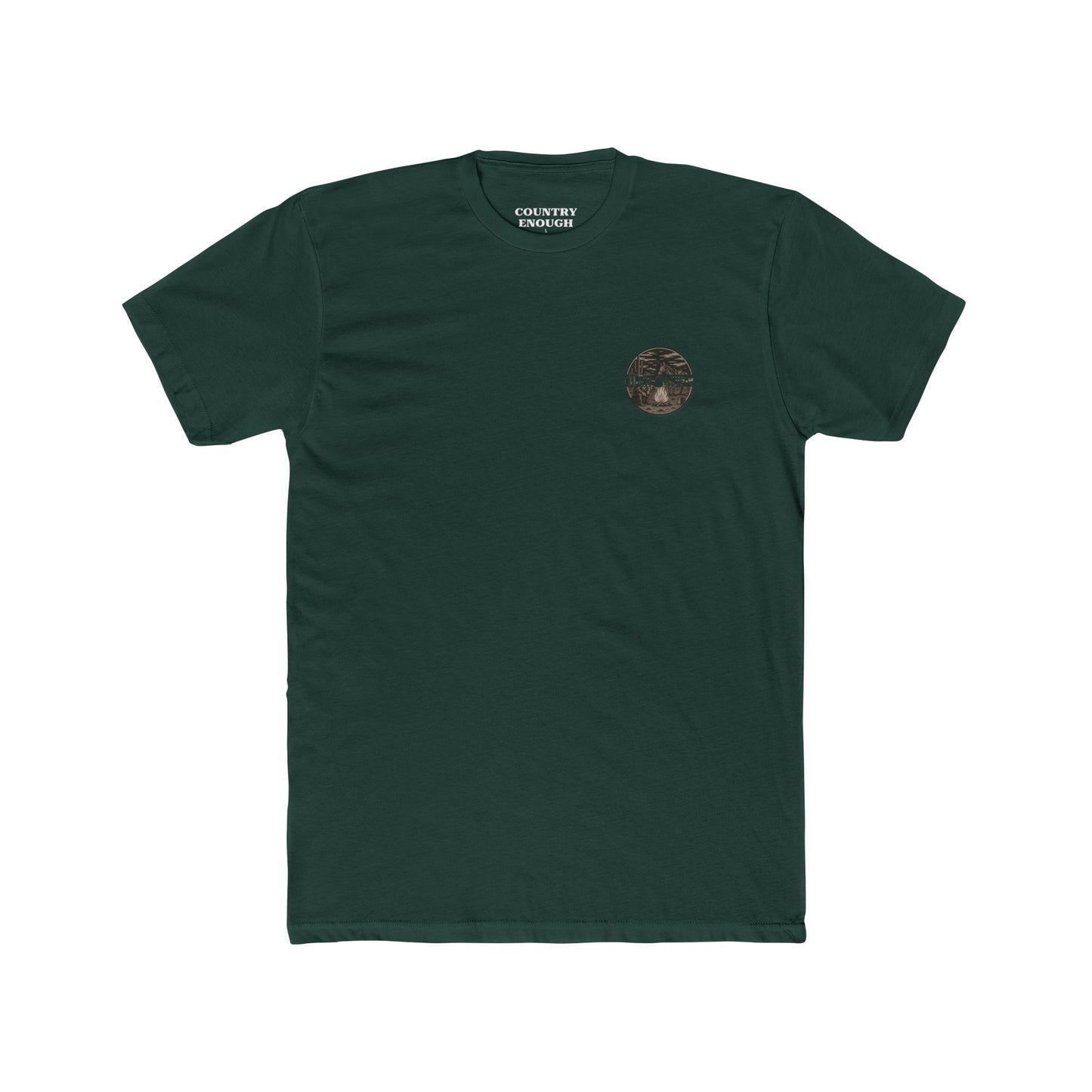 Forest Green t-shirt with graphic of cowboy and horse sitting at a campfire in a desert landscape #forestgreen