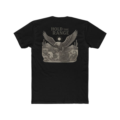 Black T-Shirt with graphic of desert landscape, eagle, bull skull, cacti, scorpion, sun, and words hold the range #black