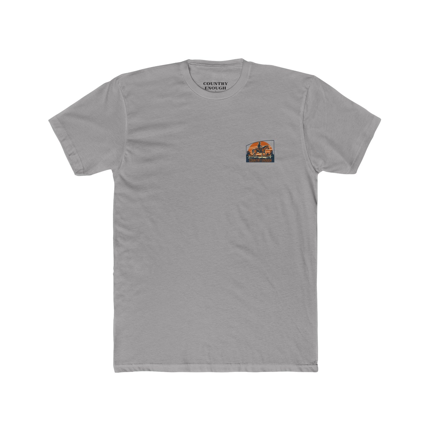 Gray t-shirt with graphic design containing horse and rider, desert, mountains, and cactus #gray