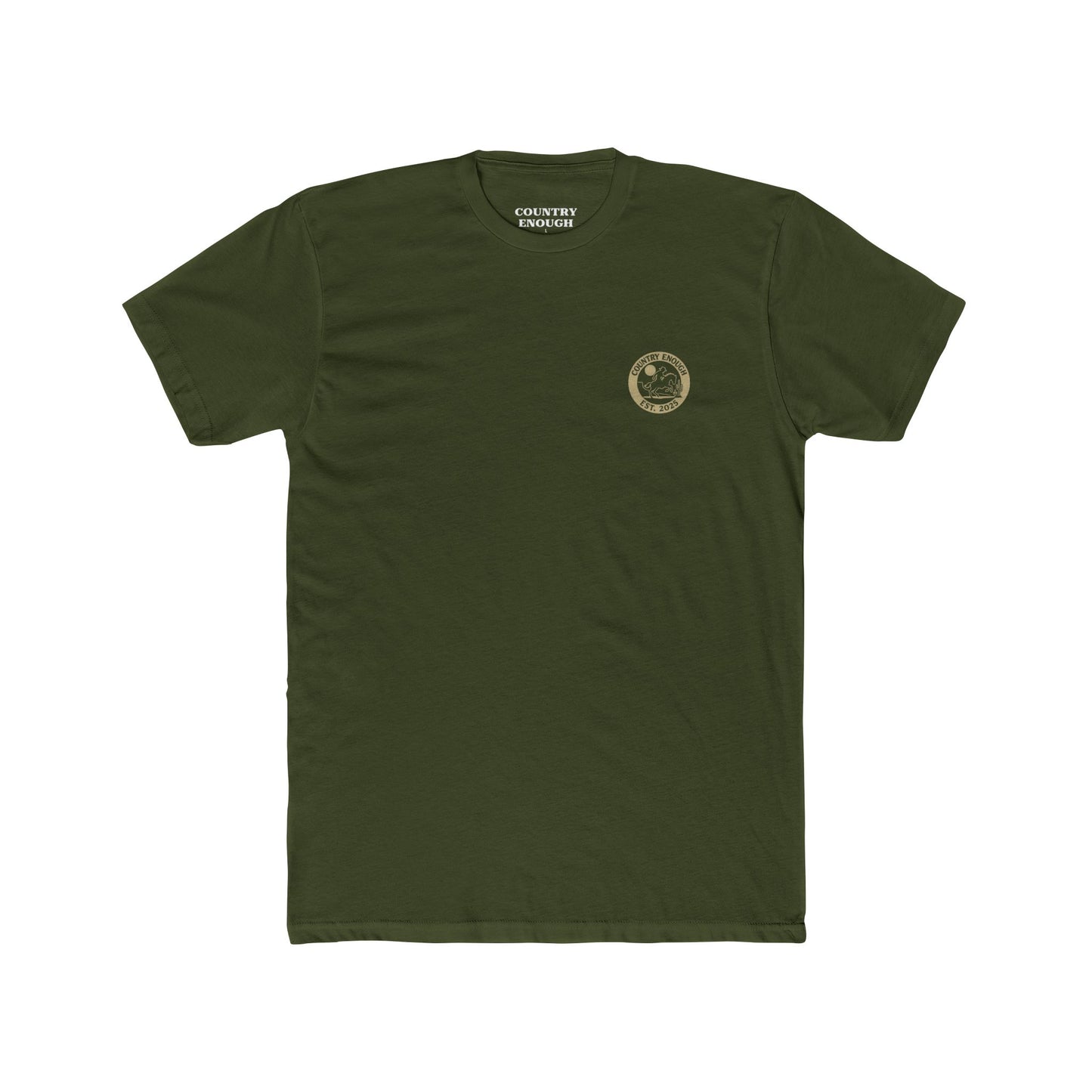 Military Green t-shirt featuring mountains, cactus, horse and rider, and a full moon. #militarygreen