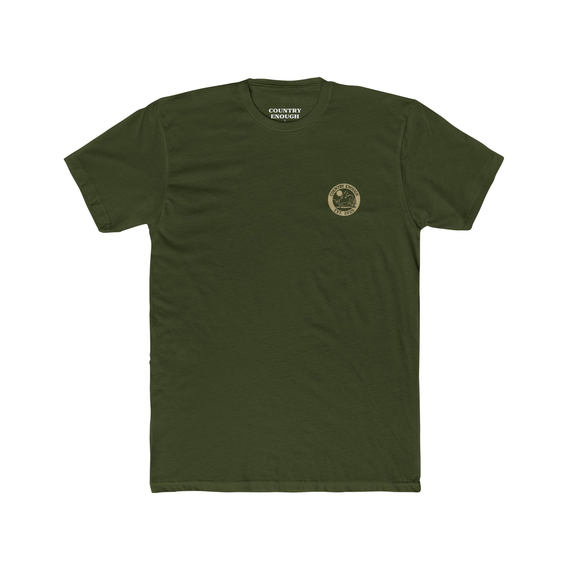 Military Green t-shirt featuring mountains, cactus, horse and rider, and a full moon. #militarygreen