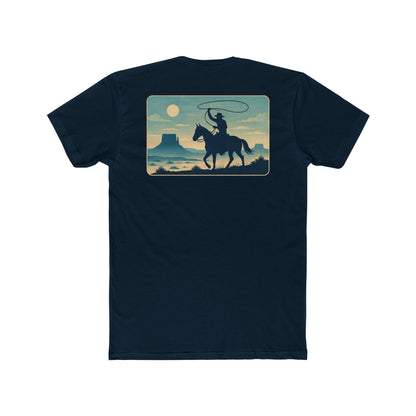 Midnight Navy t-shirt featuring horse rider, western landscape, and sun #midnightnavy