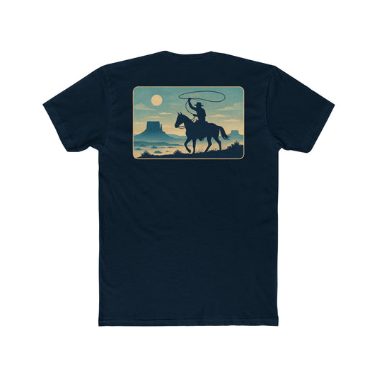 Midnight Navy t-shirt featuring horse rider, western landscape, and sun #midnightnavy