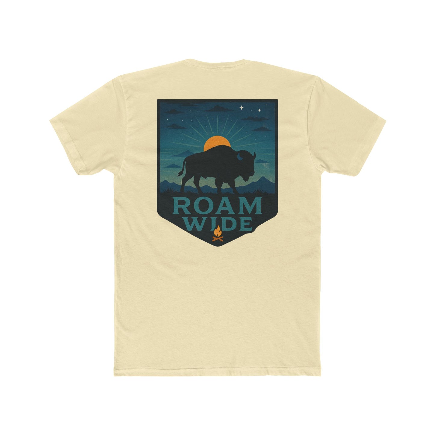 Natural T-Shirt with graphic of bison, sun, mountains, and the words roam wide #natural