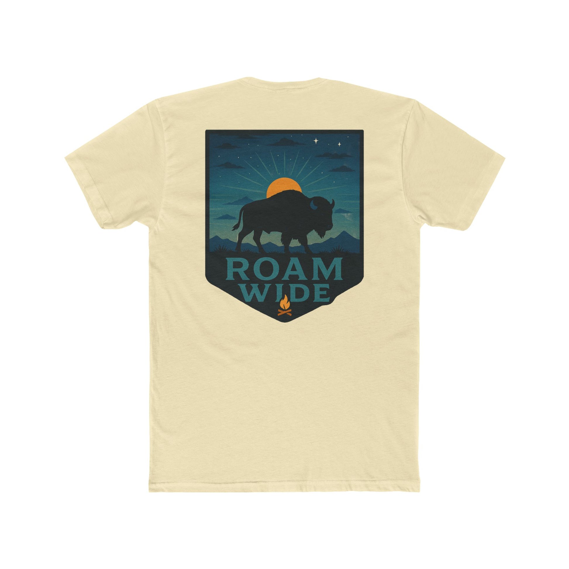 Natural T-Shirt with graphic of bison, sun, mountains, and the words roam wide #natural
