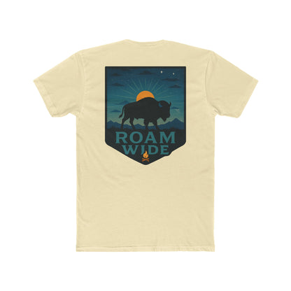 Natural T-Shirt with graphic of bison, sun, mountains, and the words roam wide #natural