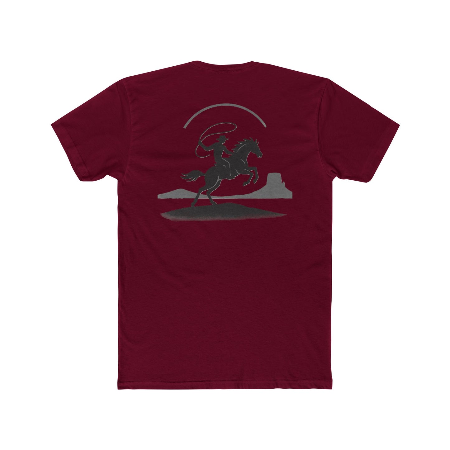 Cardinal Red t-shirt with graphic of silhouetted cowboy lassoing and desert landscape #cardinalred