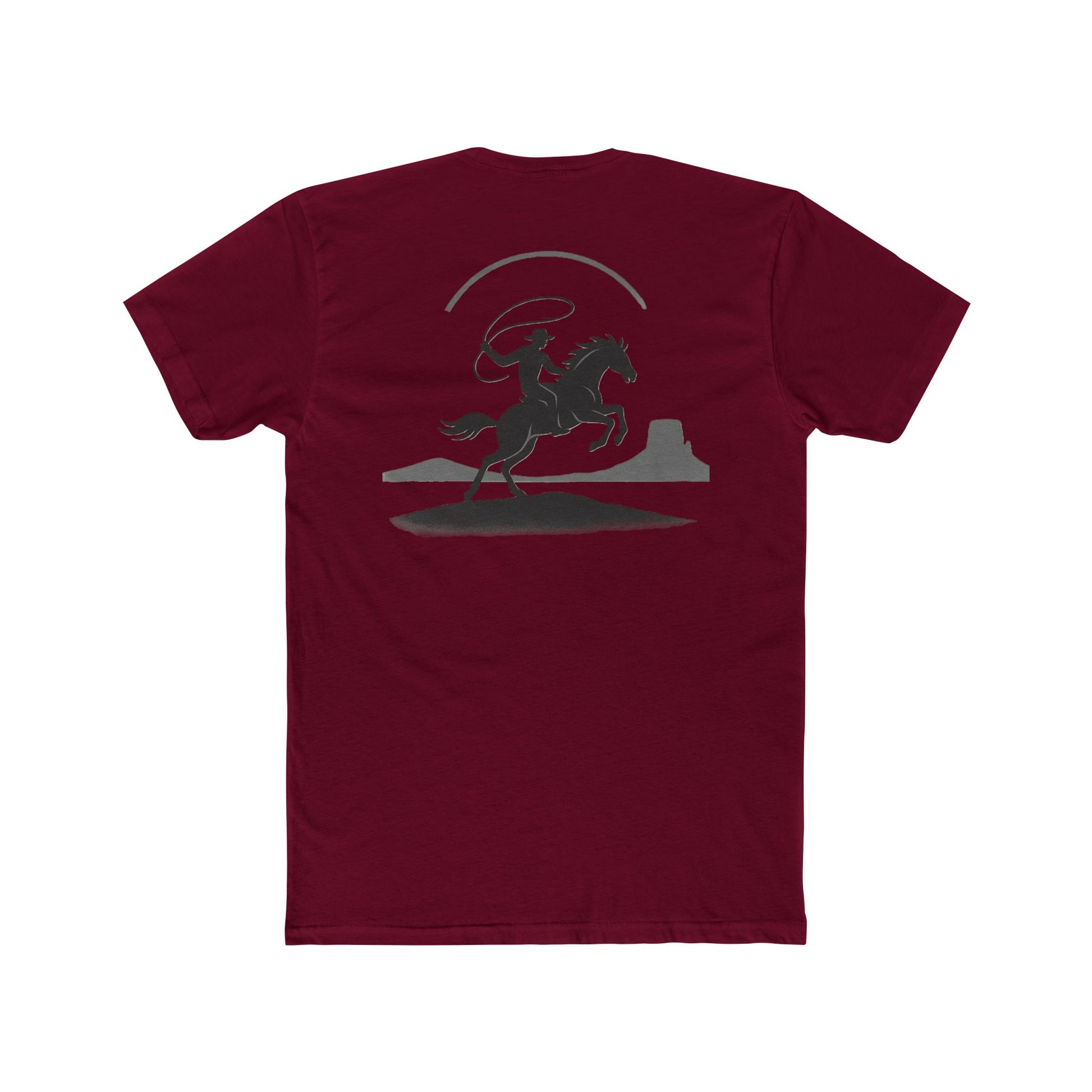 Cardinal Red t-shirt with graphic of silhouetted cowboy lassoing and desert landscape #cardinalred